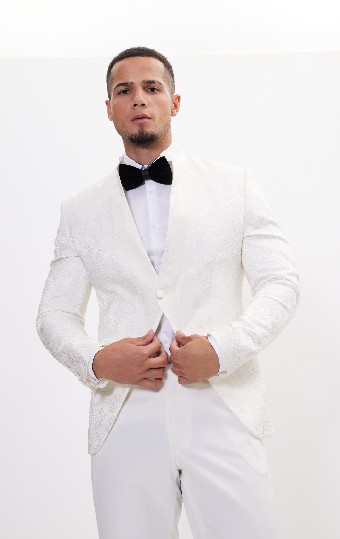Embellished Satin Mandarin Collar Tuxedo Jacket - White