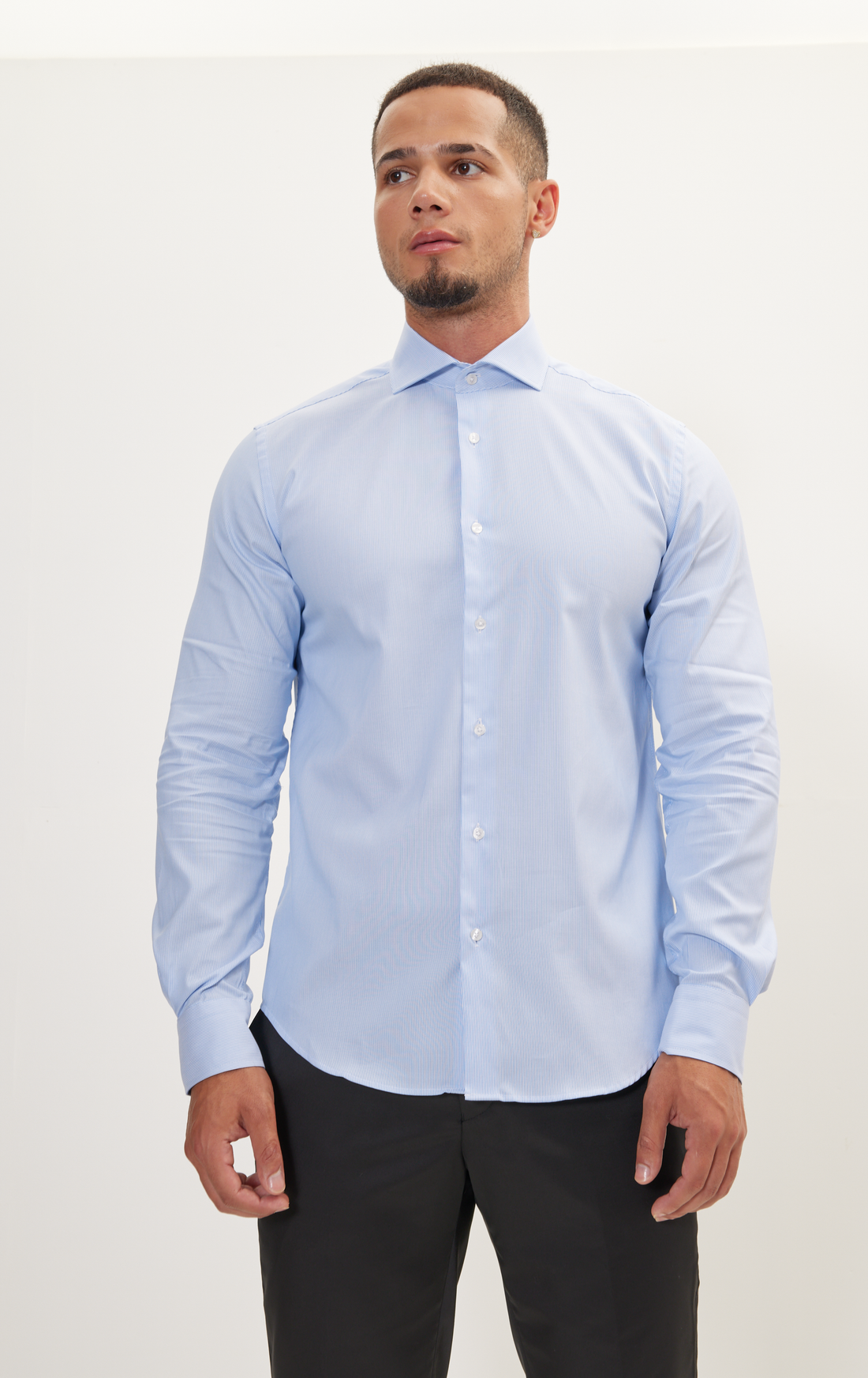 Pure Cotton French Placket Spread Collar Dress Shirt - Blue Striped