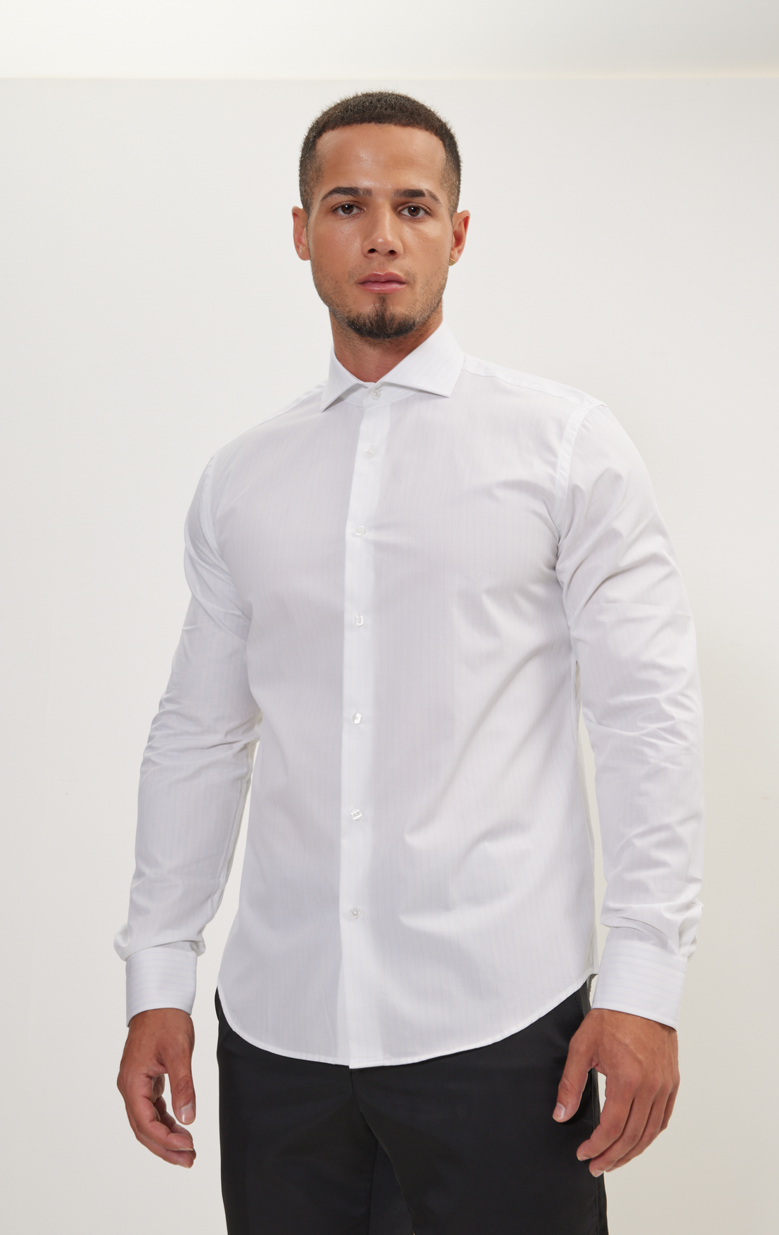 N° AN4903 PURE COTTON FRENCH PLACKET SPREAD COLLAR DRESS SHIRT - WHITE LIGHT BENGAL