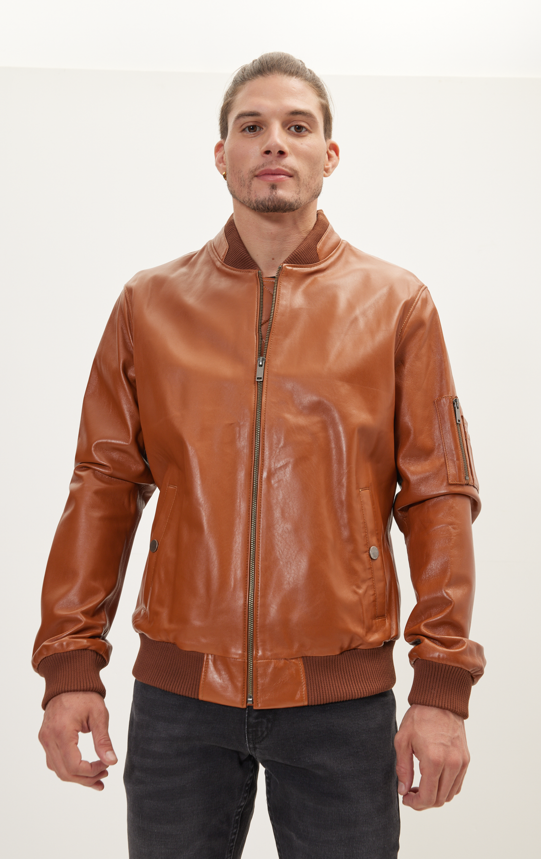 Genuine Leather Bomber Jacket - Brown