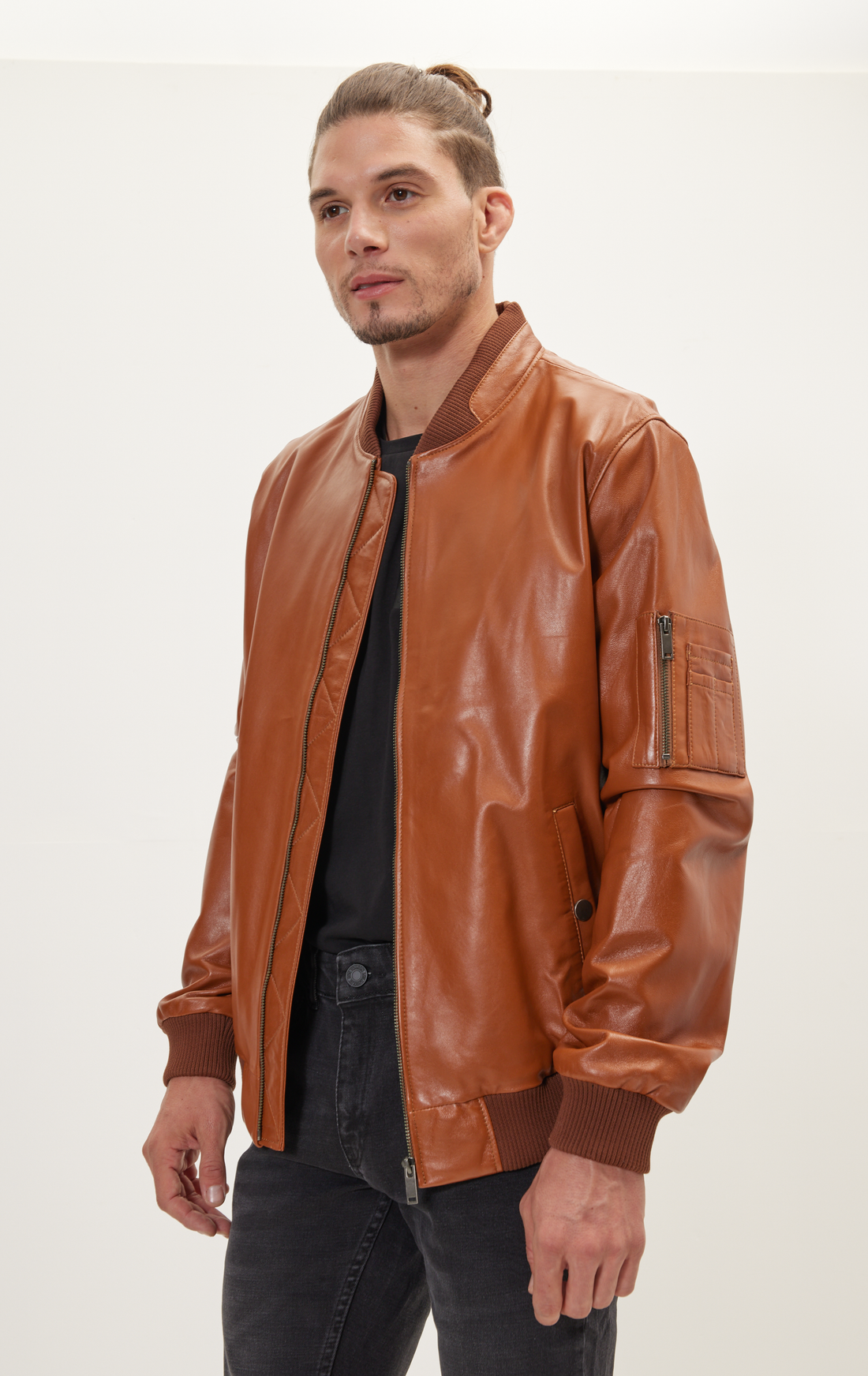 Genuine Leather Bomber Jacket - Brown