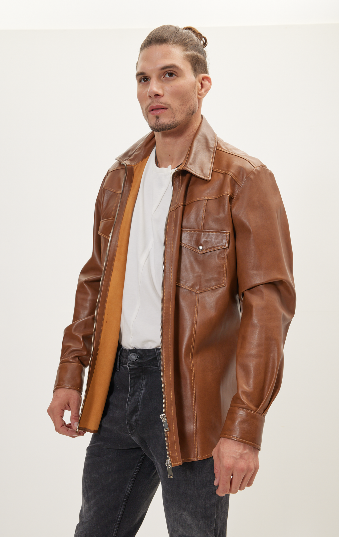 N° 4725Z GENUINE LEATHER SHIRT WITH ZIPPER CLOSURE - BROWN