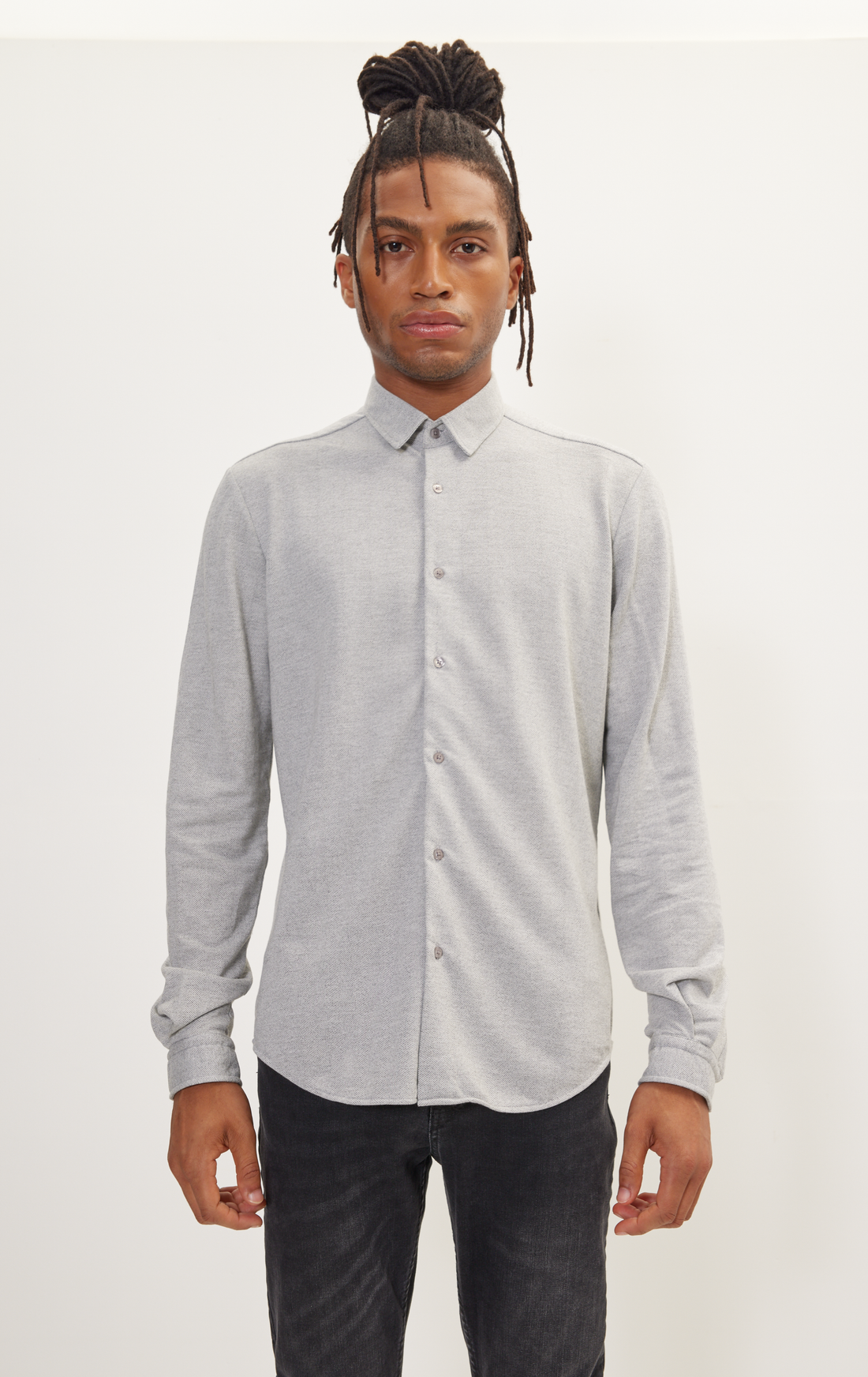 Pure Cotton Knit Travel Shirt - Grey Melange