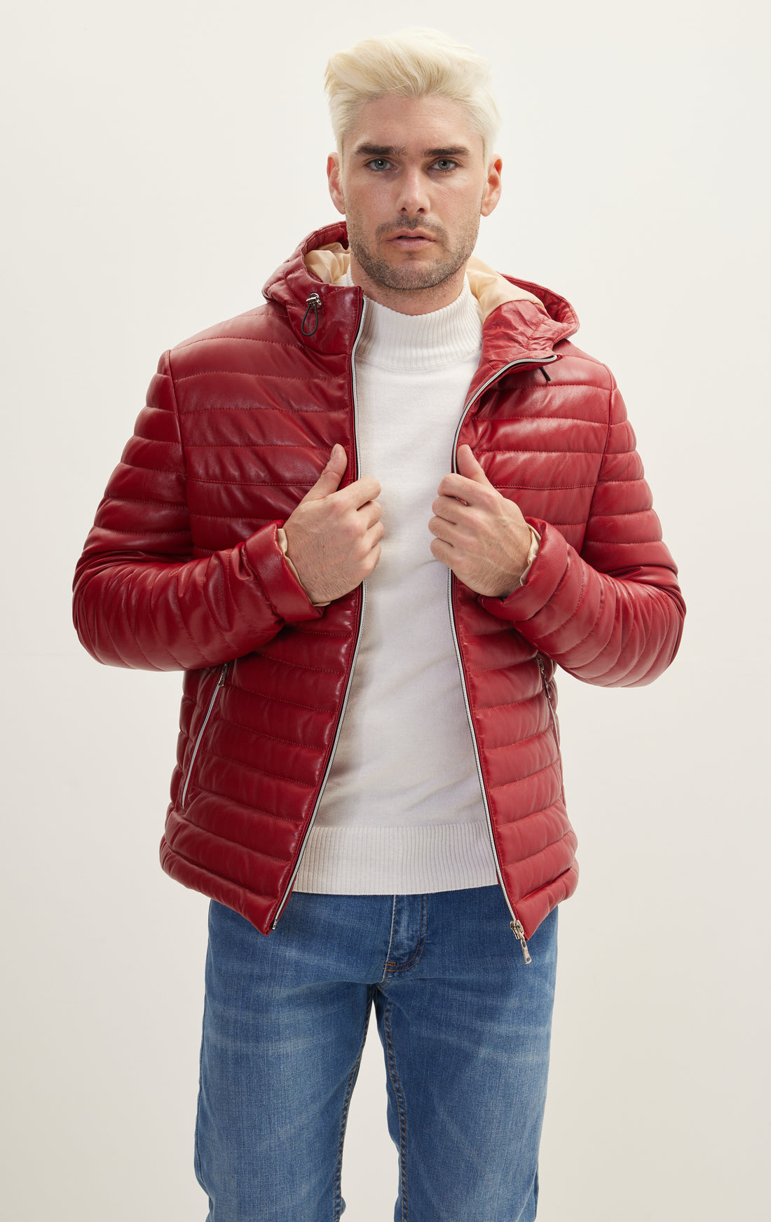 Lambskin Leather Puffer Jacket With Hoodie- Red