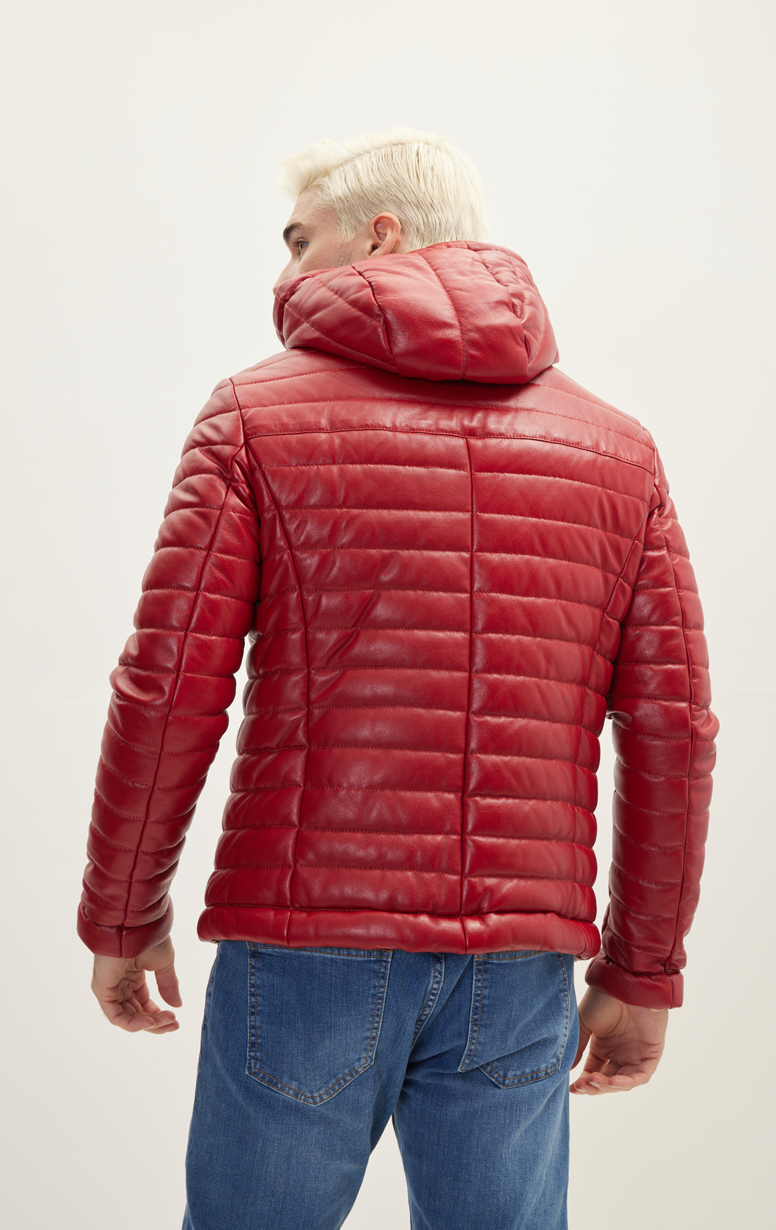 Lambskin Leather Puffer Jacket With Hoodie- Red