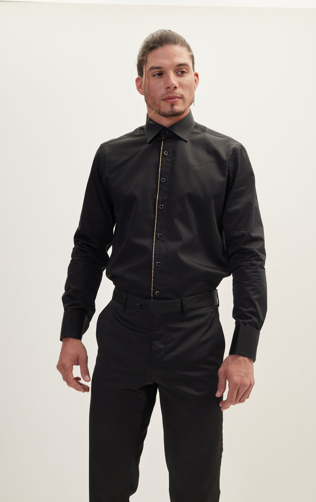 Piped Lurex Detailed Tuxedo Shirt - Black Black