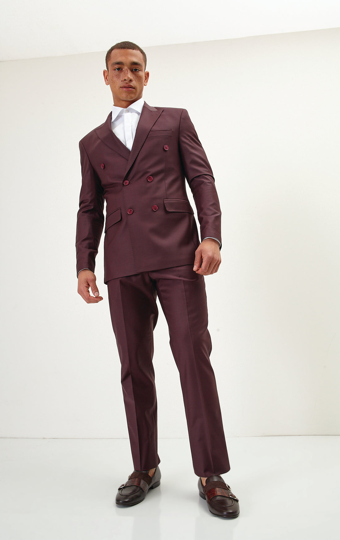 N° R206 Double Breasted Merino Wool Suit - Burgundy - Ron Tomson