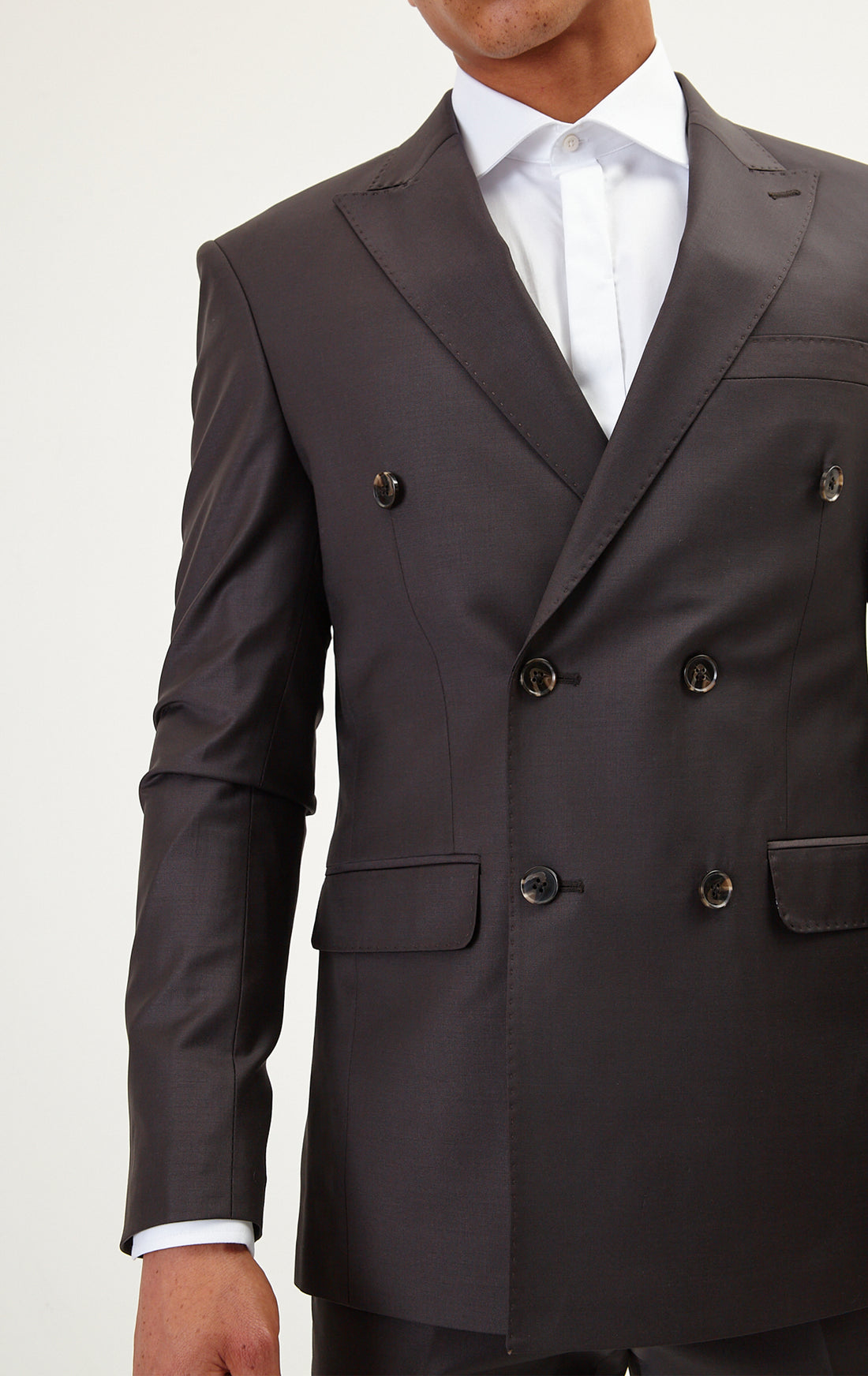 N° R206 Double Breasted Merino Wool Suit - Chocolate - Ron Tomson