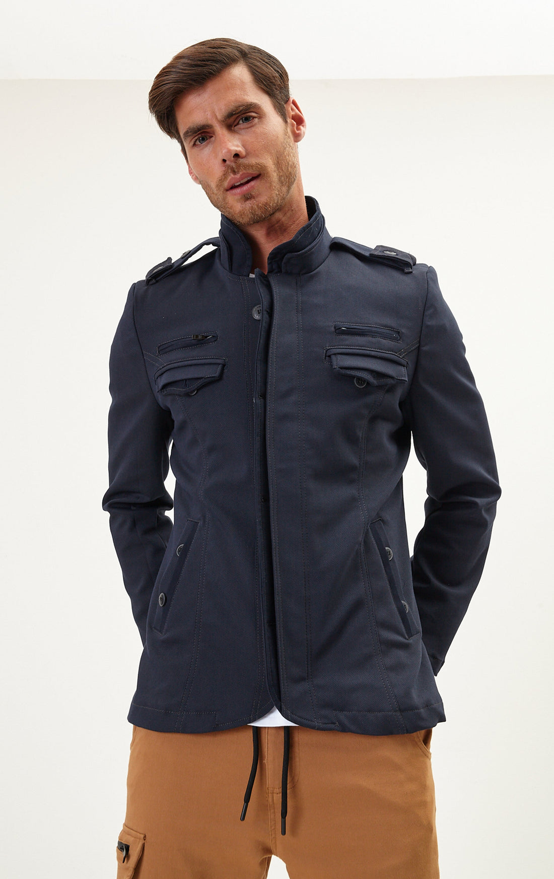 N° 5258 RT Epaulette Shoulder Stand Collar Jacket  - NAVY - Ron Tomson