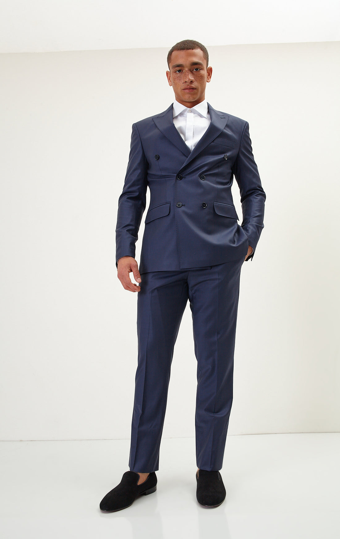 N° R206 Double Breasted Merino Wool Suit - Solid Navy - Ron Tomson