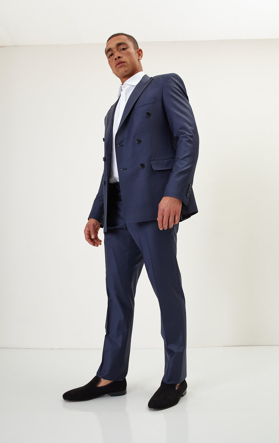 N° R206 Double Breasted Merino Wool Suit - Solid Navy - Ron Tomson