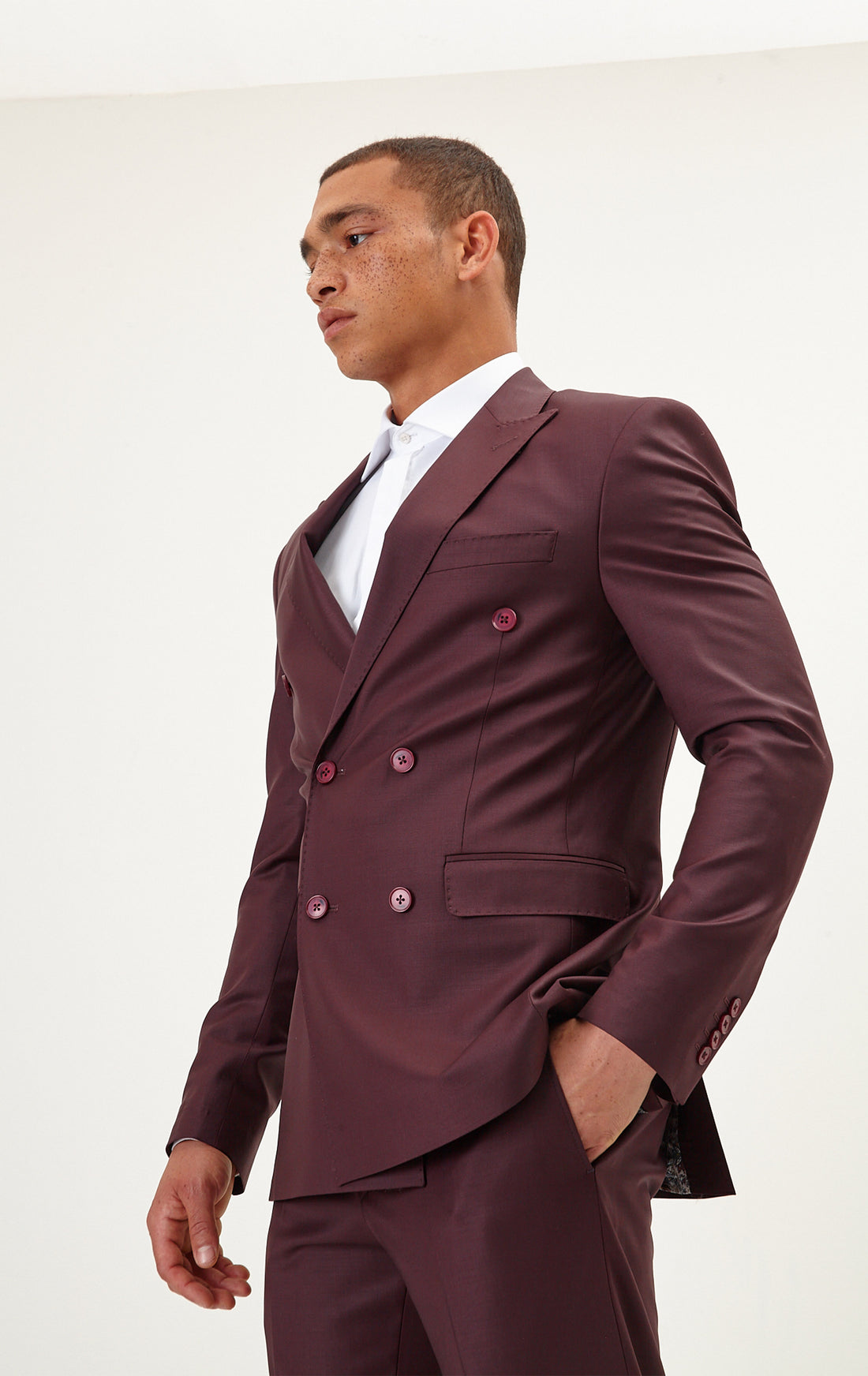 N° R206 Double Breasted Merino Wool Suit - Burgundy - Ron Tomson