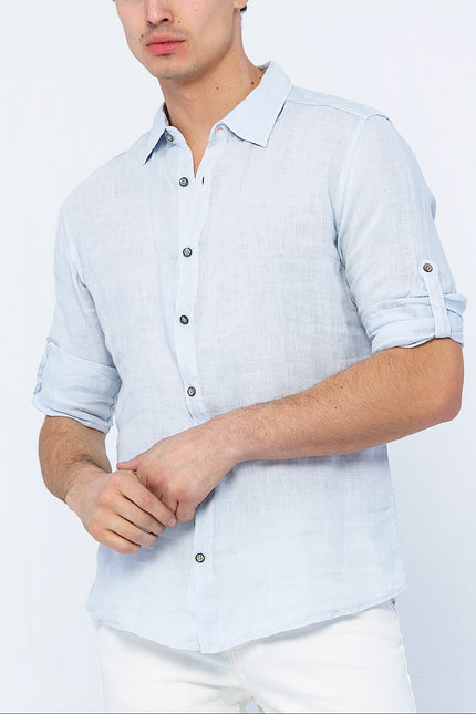 Men's Mandarin Collar Linen Shirt - Blue | Ron Tomson