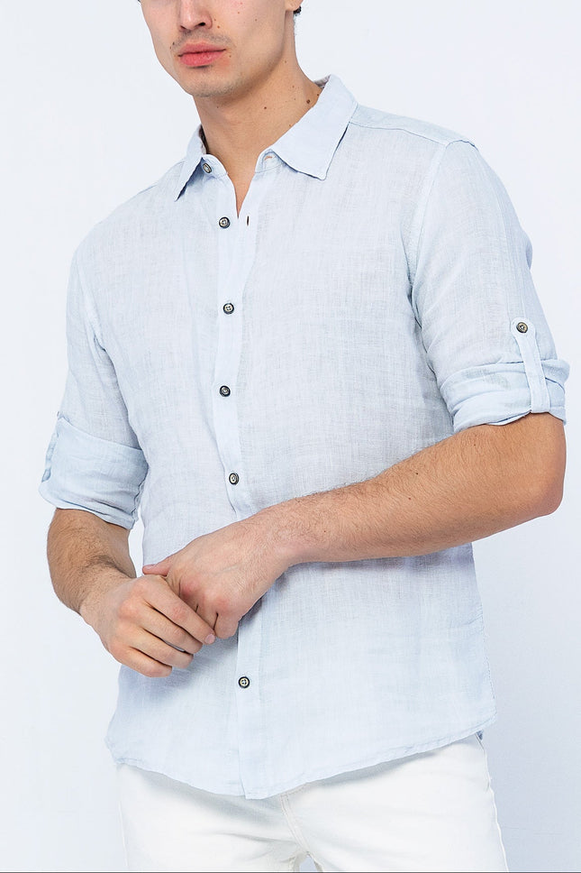 Men's Mandarin Collar Linen Shirt - Blue | Ron Tomson
