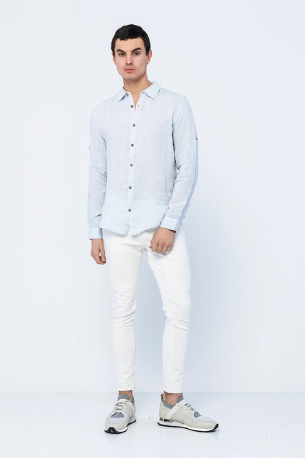 Men's Mandarin Collar Linen Shirt - Blue | Ron Tomson