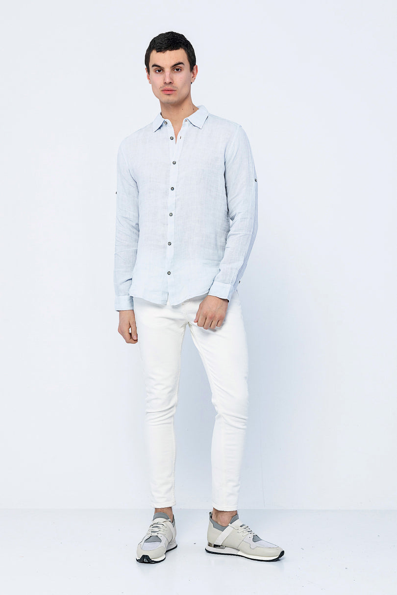 Men's Mandarin Collar Linen Shirt - Blue | Ron Tomson