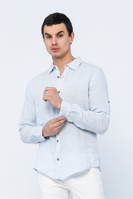 Men's Mandarin Collar Linen Shirt - Blue | Ron Tomson