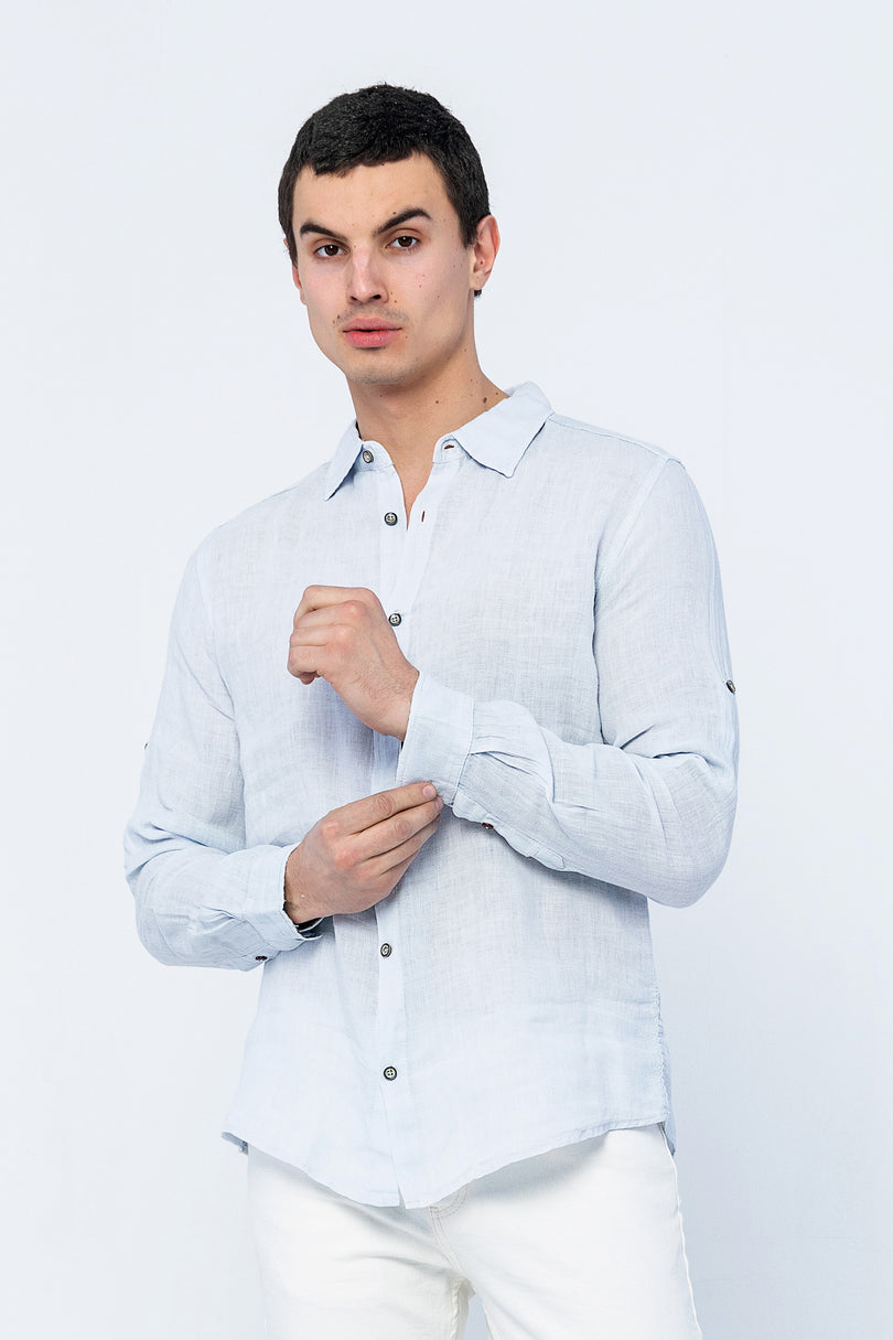 Men's Mandarin Collar Linen Shirt - Blue | Ron Tomson