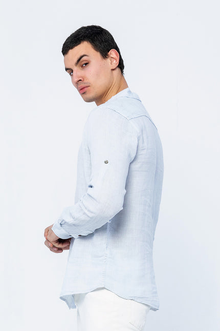 Men's Mandarin Collar Linen Shirt - Blue | Ron Tomson