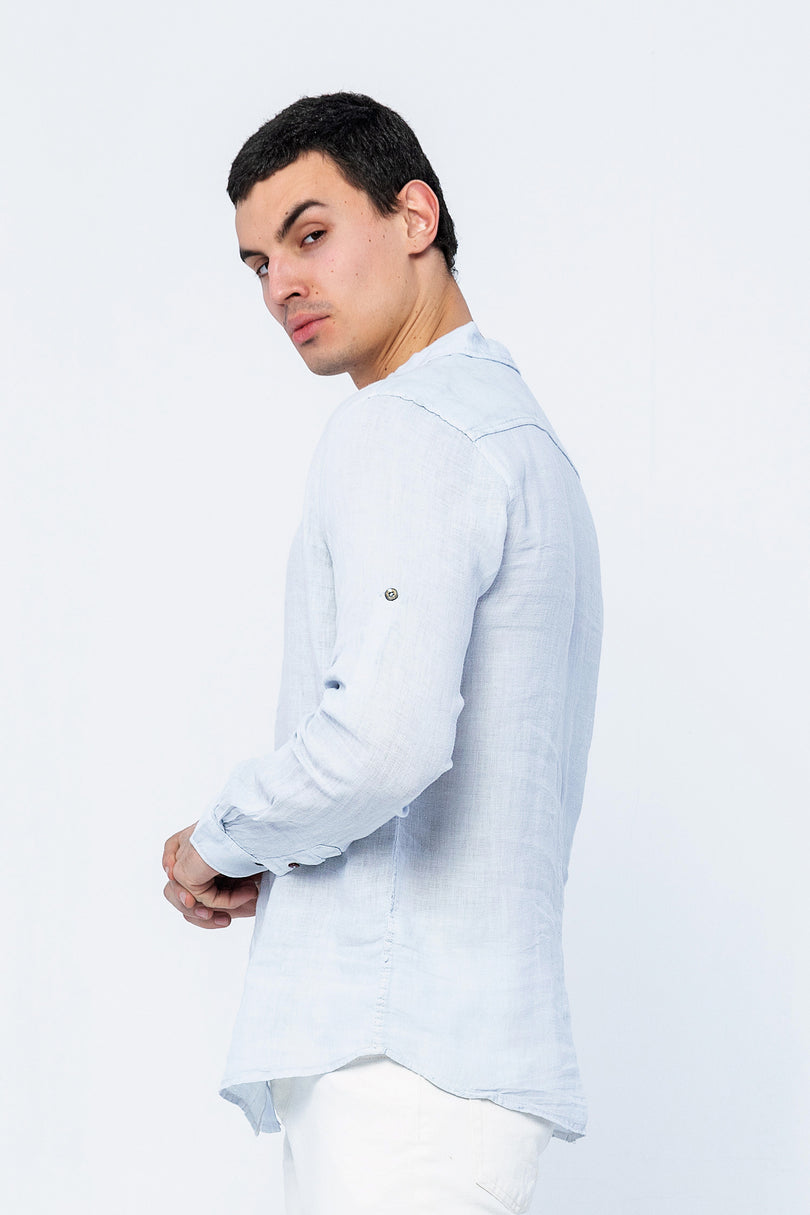 Men's Mandarin Collar Linen Shirt - Blue | Ron Tomson