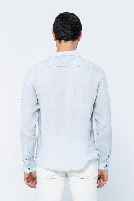 Men's Mandarin Collar Linen Shirt - Blue | Ron Tomson