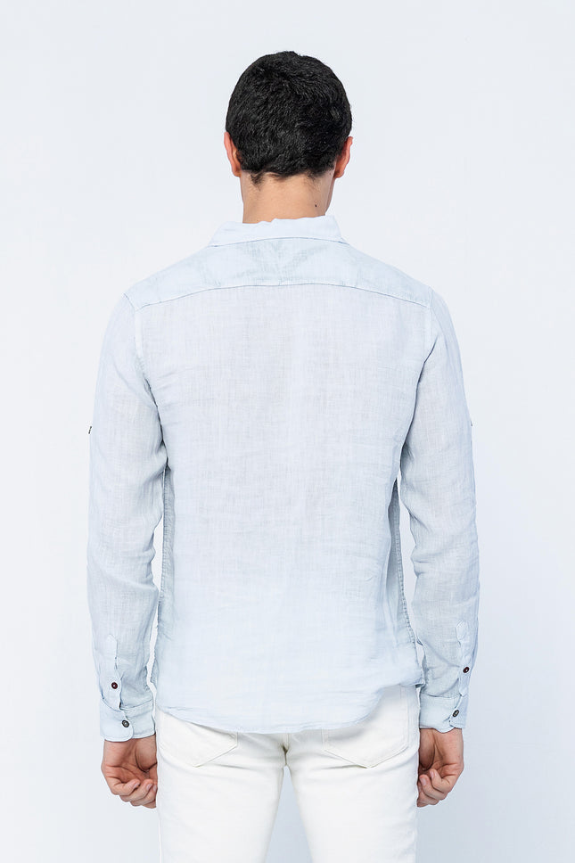 Men's Mandarin Collar Linen Shirt - Blue | Ron Tomson