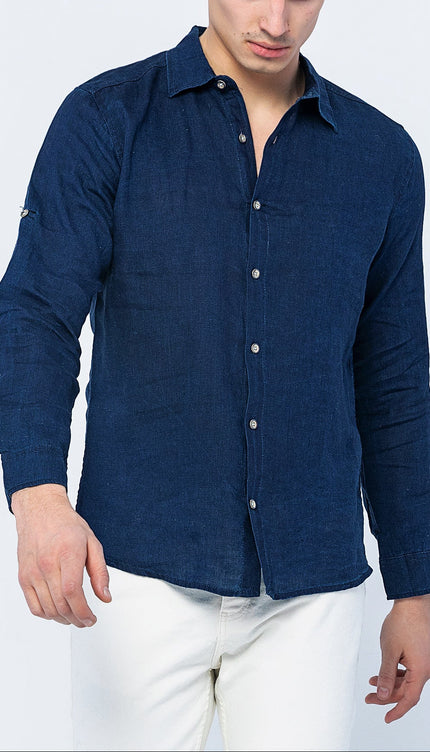 Collared Linen Shirt - Indigo