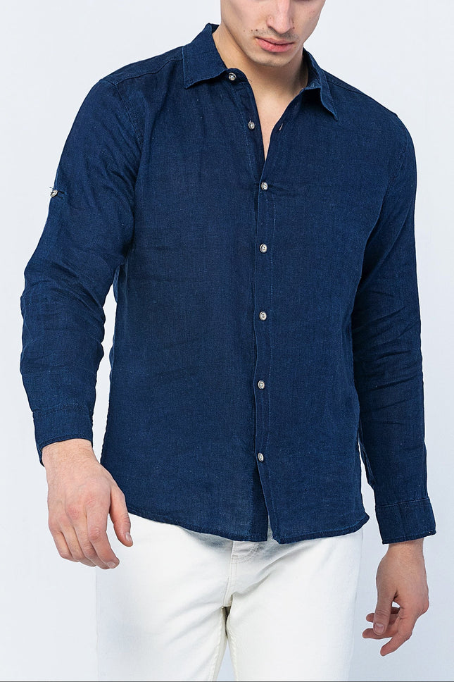 Men's Point Collar Linen Shirt - Indigo | Ron Tomson