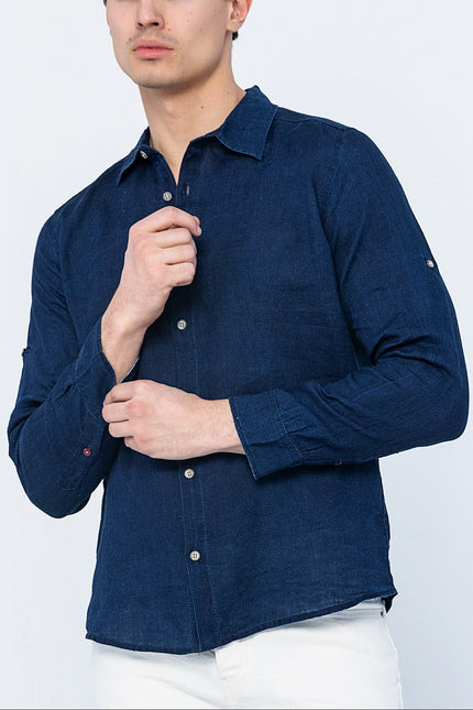Men's Point Collar Linen Shirt - Indigo | Ron Tomson