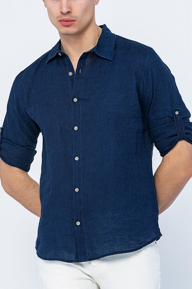 Men's Point Collar Linen Shirt - Indigo | Ron Tomson