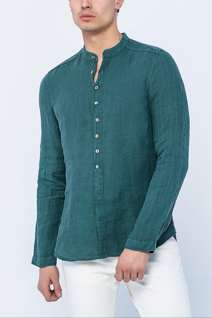 Men's Mandarin Collar Linen Shirt - Dark Green | Ron Tomson