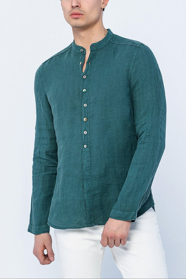 Men's Mandarin Collar Linen Shirt - Dark Green | Ron Tomson