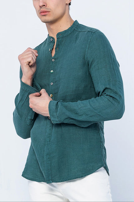 Men's Mandarin Collar Linen Shirt - Dark Green | Ron Tomson