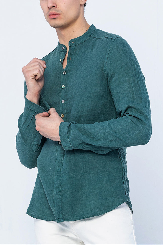 Men's Mandarin Collar Linen Shirt - Dark Green | Ron Tomson