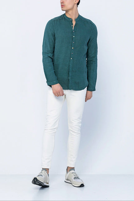 Men's Mandarin Collar Linen Shirt - Dark Green | Ron Tomson