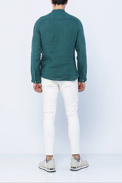 Men's Mandarin Collar Linen Shirt - Dark Green | Ron Tomson