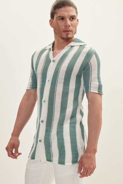 Openwork Stripe Knitted Polo Shirt - Teal Green