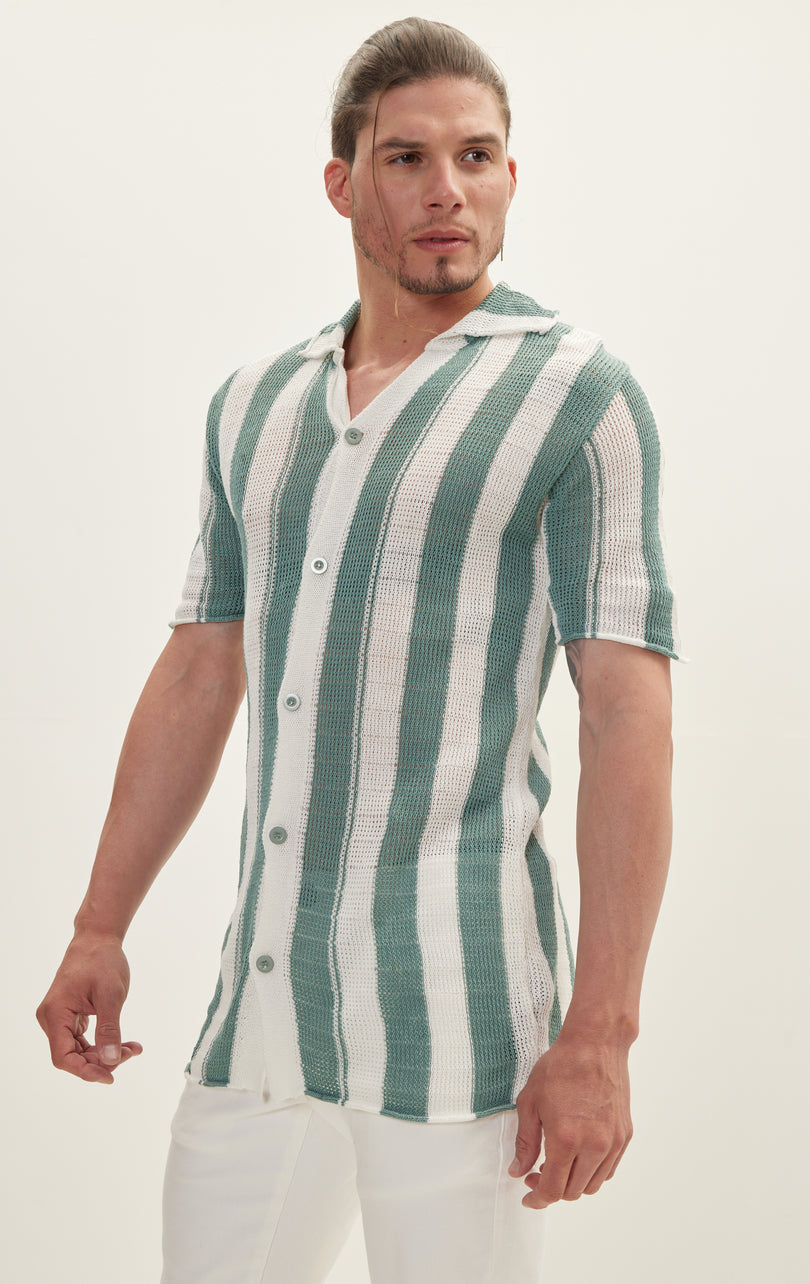 Openwork Stripe Knitted Polo Shirt - Teal Green