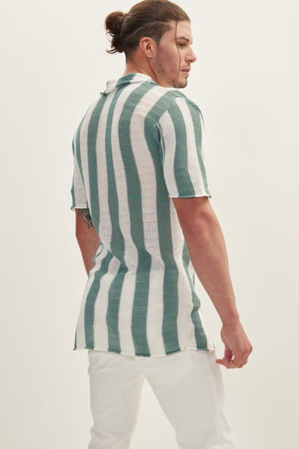 Openwork Stripe Knitted Polo Shirt - Teal Green