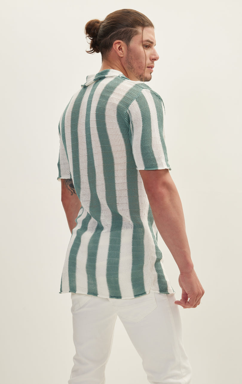 Openwork Stripe Knitted Polo Shirt - Teal Green