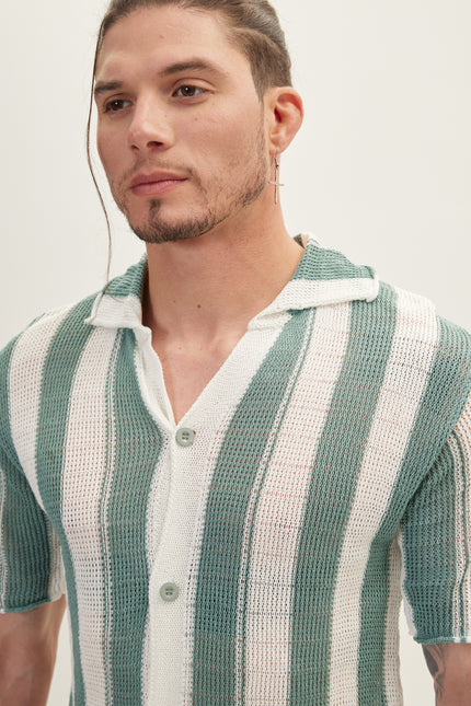 Openwork Stripe Knitted Polo Shirt - Teal Green
