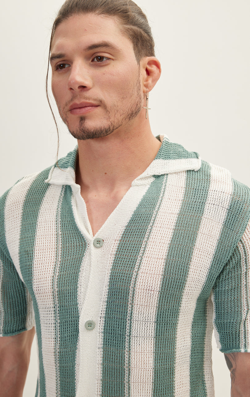 Openwork Stripe Knitted Polo Shirt - Teal Green
