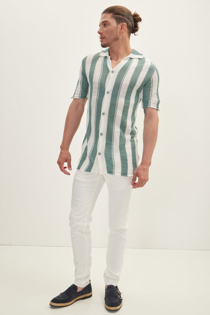 Openwork Stripe Knitted Polo Shirt - Teal Green