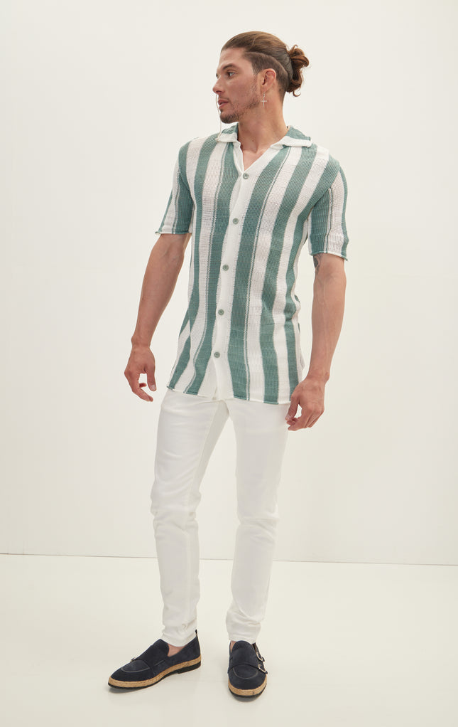 Openwork Stripe Knitted Polo Shirt - Teal Green