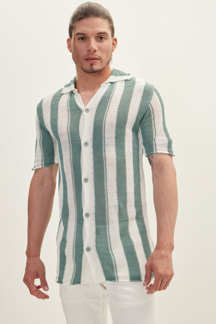 Openwork Stripe Knitted Polo Shirt - Teal Green