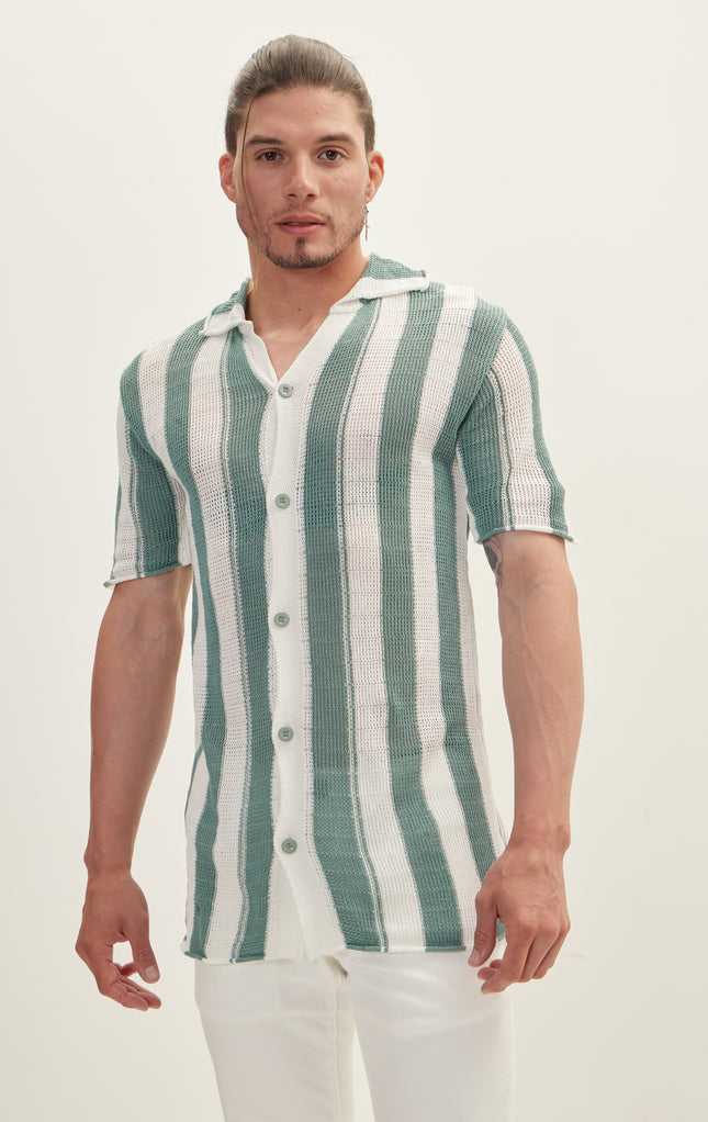 Openwork Stripe Knitted Polo Shirt - Teal Green
