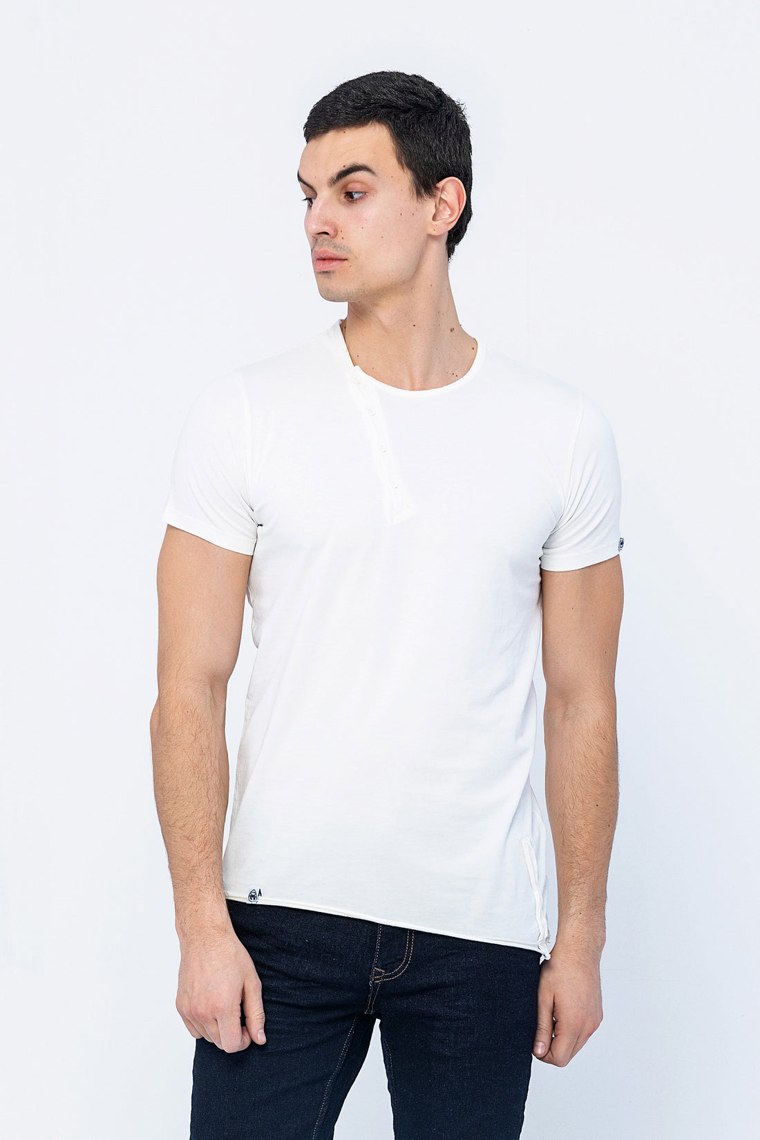Side Button Closure Distorted T-Shirt - Natural