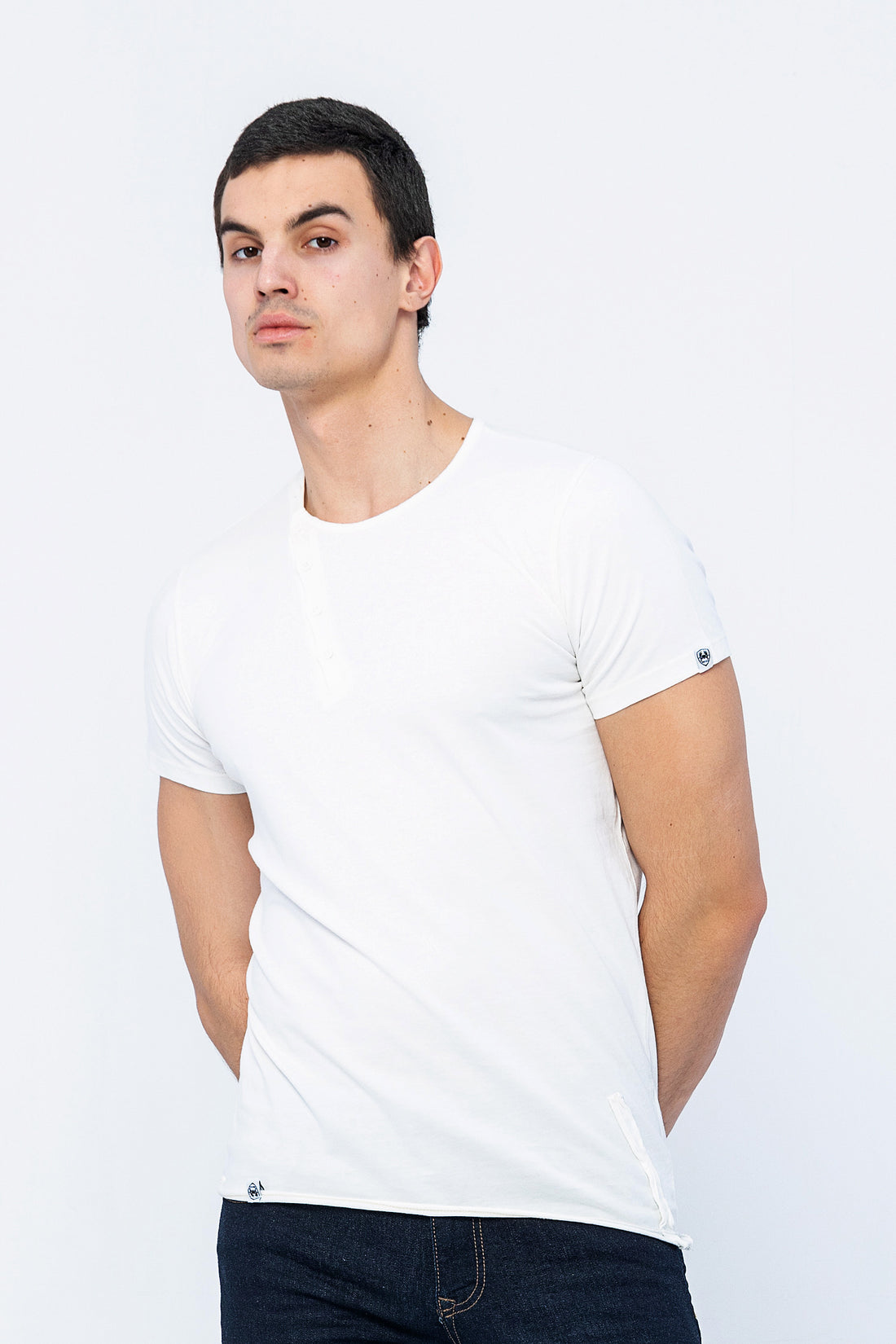Side Button Closure Distorted T-Shirt - Natural