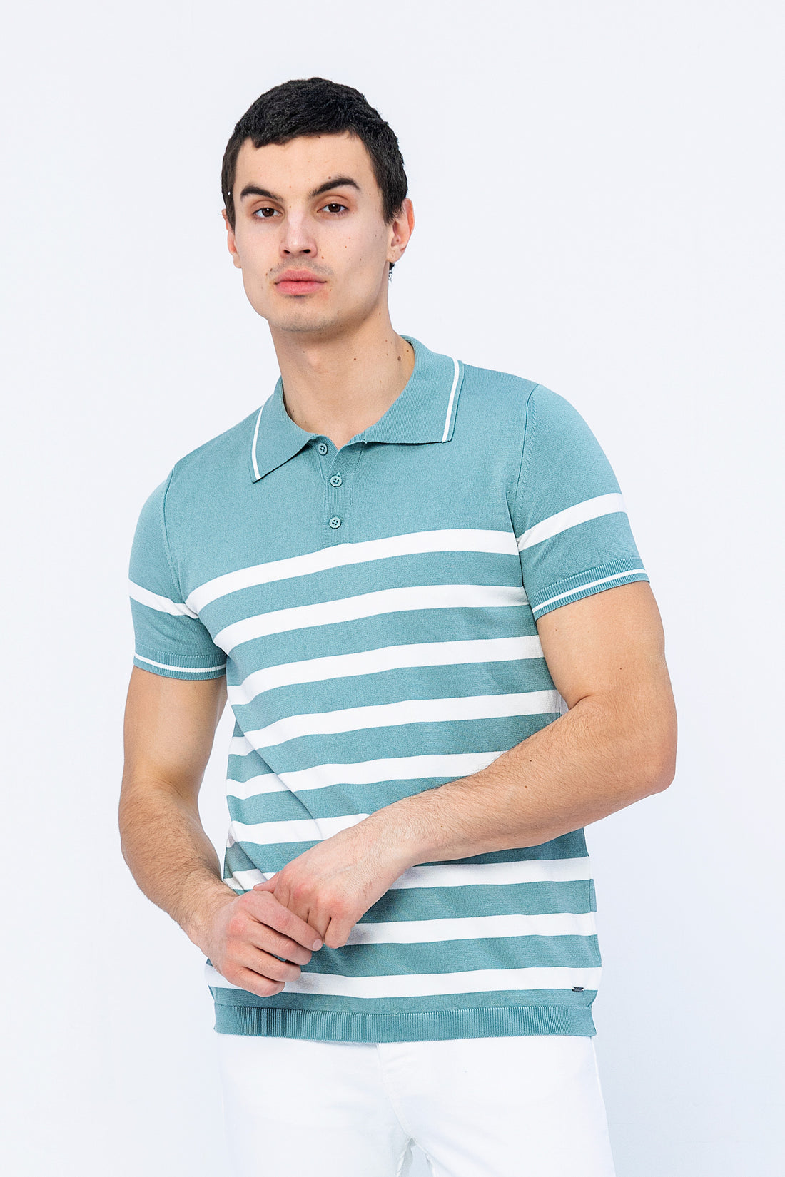 Teal Green Off White Knitted Polo T-Shirt
