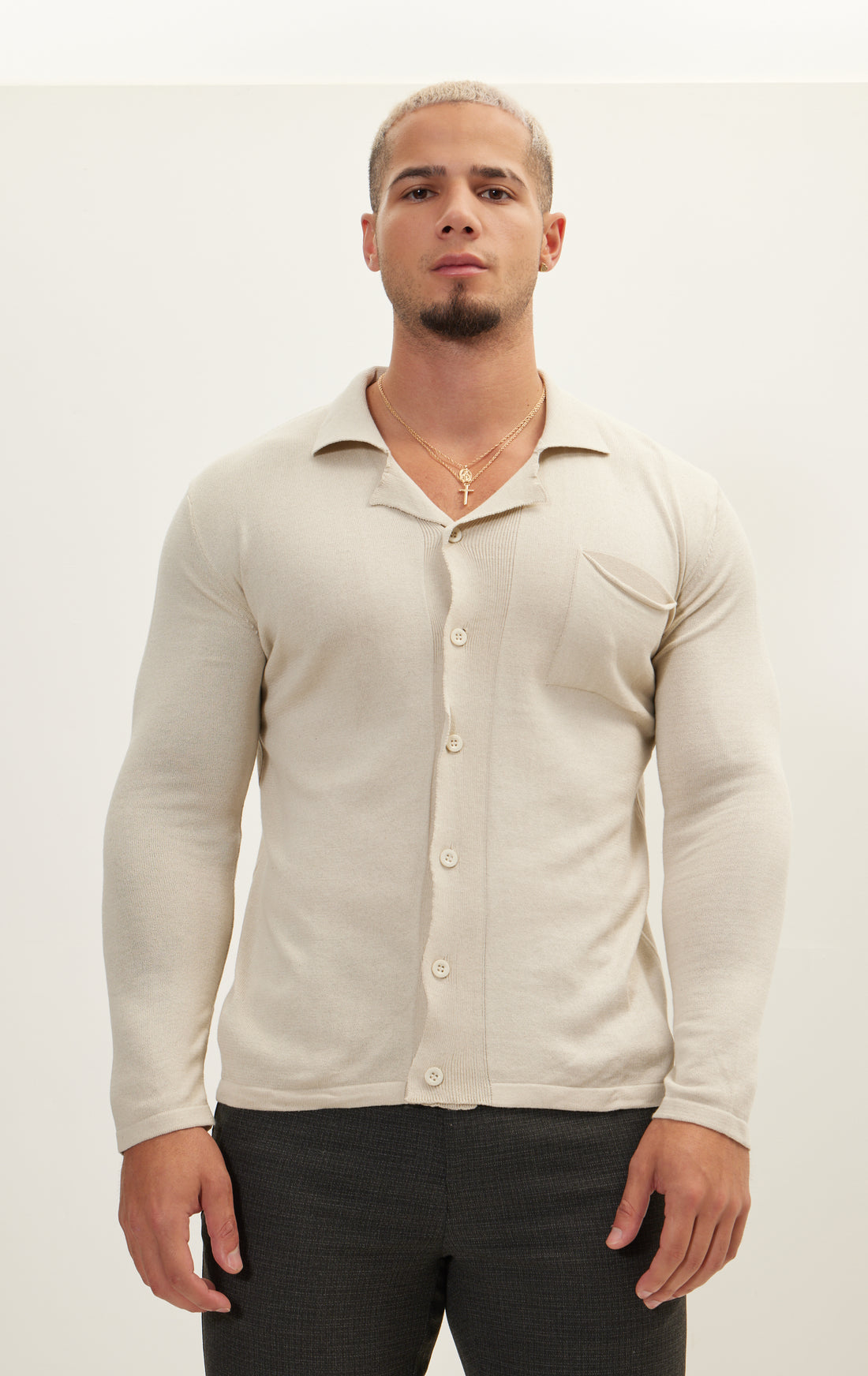 N° 6403 LONG SLEEVE KNIT BUTTON DOWN - STONE